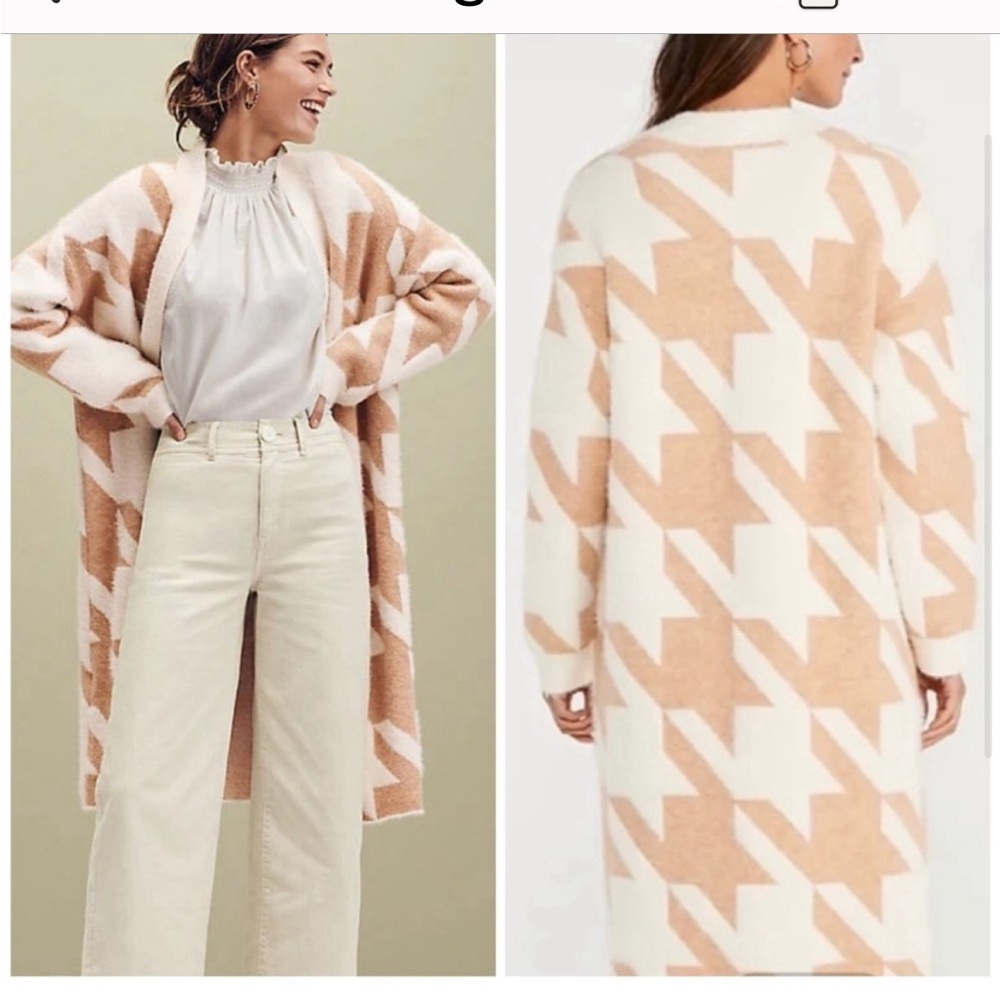 Ann Taylor Houndstooth Open Front Cardigan Sweater Tan White Small Petite Cozy
